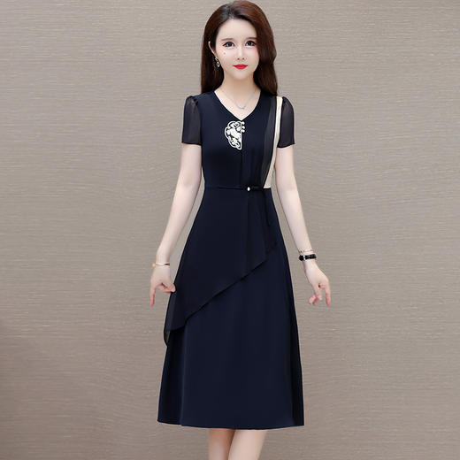 QYM-247235夏季短袖连衣裙时尚中式国风裙拼结双层假两件中长裙 商品图0