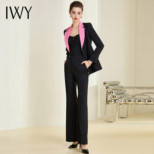 IWY黑色高端拼接领西装套装商务总裁阔腿裤正装时尚气质通勤工作服241007C1+P3 商品图0