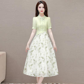 QYM-LZA15夏季新款国风复古裙新款中式拼结假两件印花连衣裙短袖裙