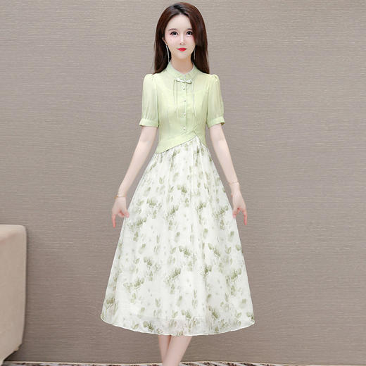 QYM-LZA15夏季新款国风复古裙新款中式拼结假两件印花连衣裙短袖裙 商品图0