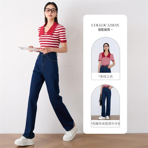 OLrain欧芮儿深蓝色高腰牛仔裤女夏季2024年新款休闲直筒长裤 商品图1