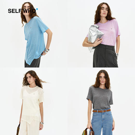SELFWHO 纯羊毛T恤2024夏新款罗纹圆领亲肤柔软透气正肩短袖上衣 商品图0