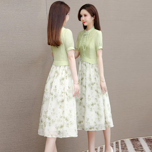 QYM-LZA15夏季新款国风复古裙新款中式拼结假两件印花连衣裙短袖裙 商品图2