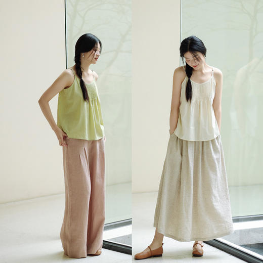 绽放221/天丝苎麻棉精致塔克设计A字宽松遮肉显瘦豆绿细吊带背心 商品图3