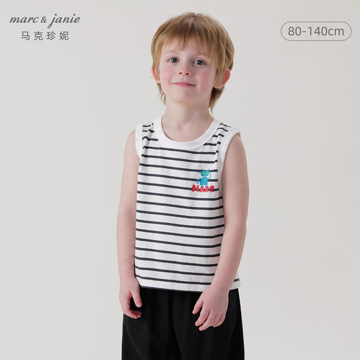 马克珍妮2024年夏装新款男童黑白条纹机器人纯棉短袖背心240532 商品图0