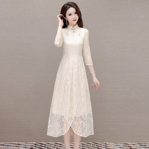 QYM-9605改良旗袍裙中国风中袖气质蕾丝裙夏季网纱裙 商品图5