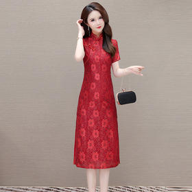 QYM-9615红色改良旗袍裙新款喜气装连衣裙夏季女装复古长款旗袍裙