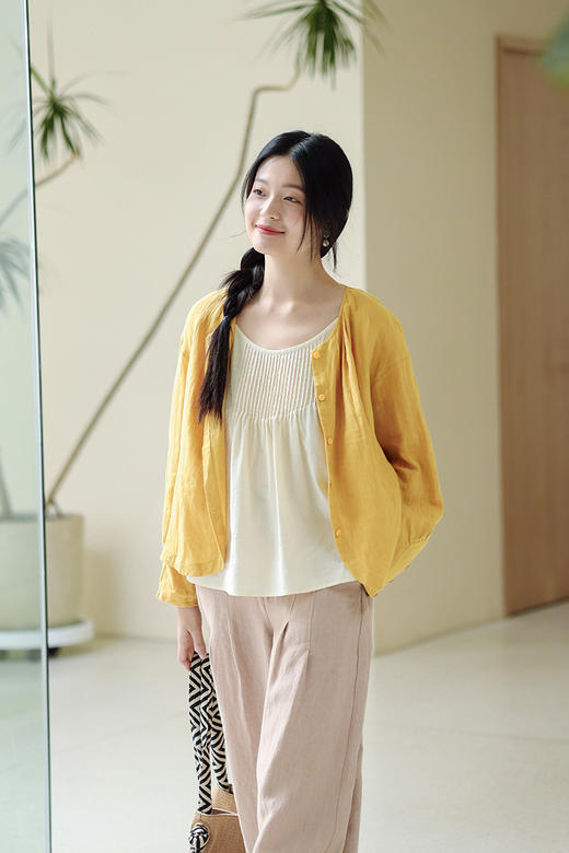 绽放244朵/高端酵素水洗亚麻圆弧形灯笼长袖黄色休闲防晒衬衫 商品图5