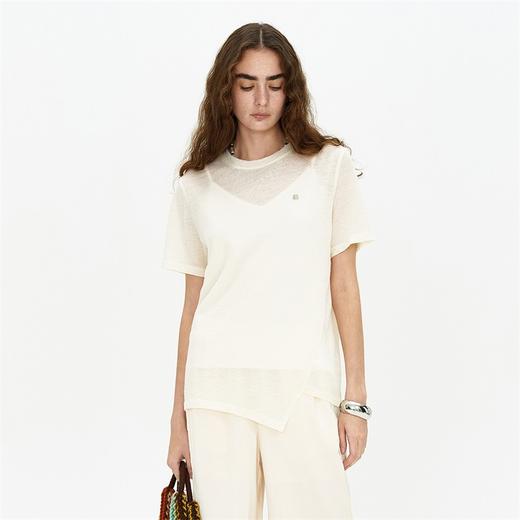 SELFWHO 纯羊毛T恤2024夏新款罗纹圆领亲肤柔软透气正肩短袖上衣 商品图1