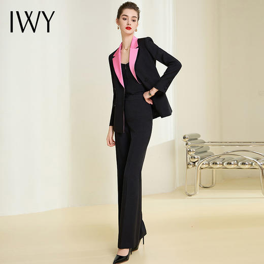 IWY黑色高端拼接领西装套装商务总裁阔腿裤正装时尚气质通勤工作服241007C1+P3 商品图2