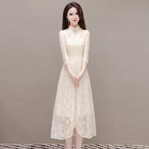 QYM-9605改良旗袍裙中国风中袖气质蕾丝裙夏季网纱裙 商品图1