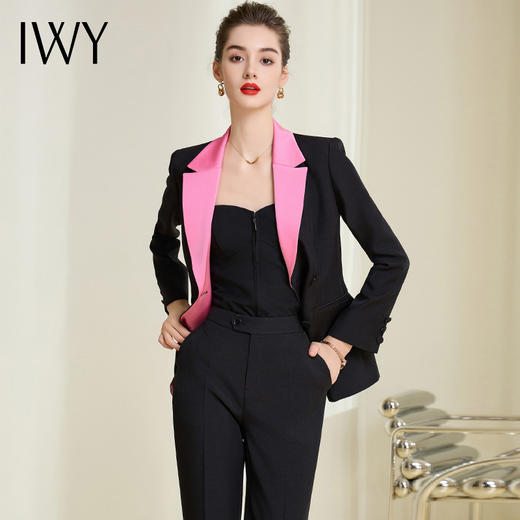 IWY黑色高端拼接领西装套装商务总裁阔腿裤正装时尚气质通勤工作服241007C1+P3 商品图3
