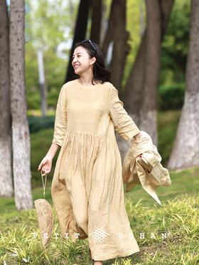 迎春花 亚麻汉麻A字文艺碎褶中袖连衣裙