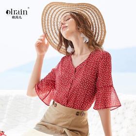 欧芮儿夏2019新款波点V领衬衫女宽松喇叭袖小衫很仙上衣设计感