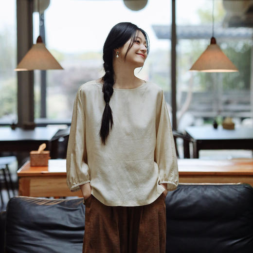 绽放198朵/真丝桑蚕丝19姆米柞蚕丝提花脏染米杏色休闲衬衫 商品图1