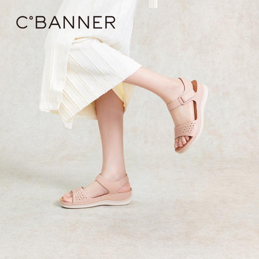 千百度休闲魔术贴凉鞋女款夏季厚底增高镂空透气真皮凉鞋A24301318 商品图4