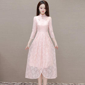 QYM-9605改良旗袍裙中国风中袖气质蕾丝裙夏季网纱裙