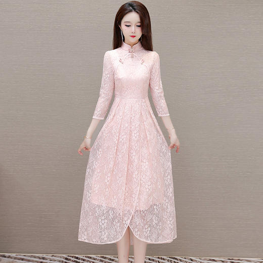 QYM-9605改良旗袍裙中国风中袖气质蕾丝裙夏季网纱裙 商品图0