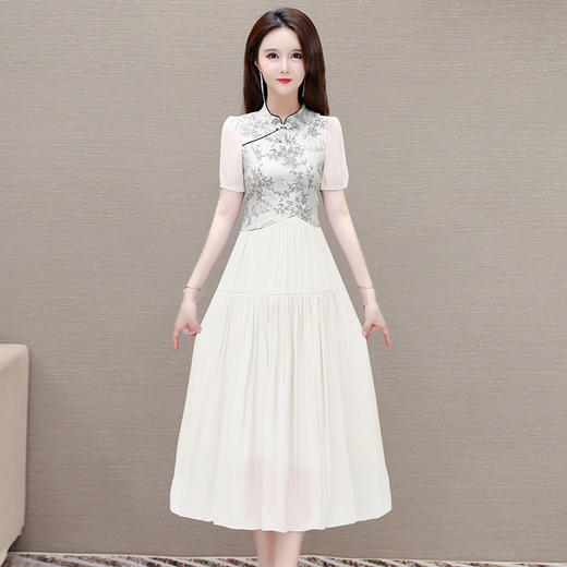 QYM-1722430新款中式印花连衣裙夏季新款气质高腰中长款百褶裙 商品图1