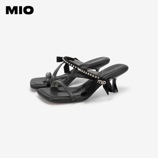 MIO米奥夏季方头时尚拖鞋简约一字带时髦闪钻高跟一字拖女M243141307 商品图3