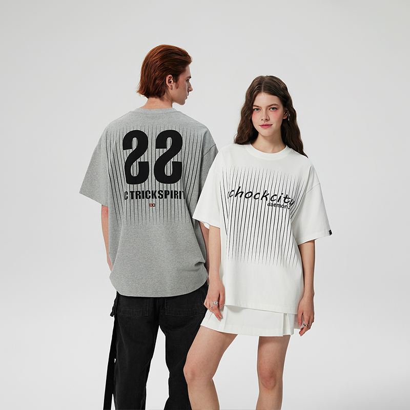 【2024SS新款】潮牌丝网条纹印花设计圆领T恤美式简约情侣短袖