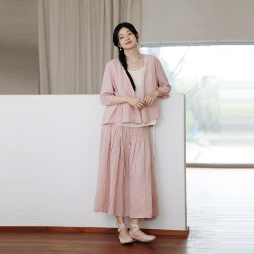 * 绽放225朵/藕荷粉仙女感半身裙天丝亚麻半腰松紧捏褶 商品图2
