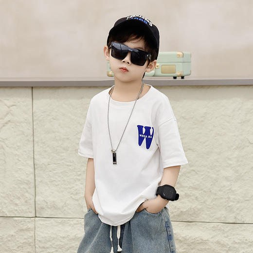 【39.9/2件】新款儿童夏季韩版短袖宽松落肩圆领字母印花百搭宽纯棉袖上衣聚 商品图4