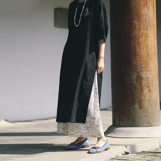 绽放223朵/优雅气质新中式后领系扣侧开衩宽松干洗亚麻黑色连衣裙 商品图3