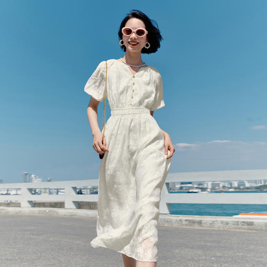 【严选】伊芙丽小法式优雅气质撞色高级感重工提花连衣裙女2024夏装新款1F4990631 商品图3