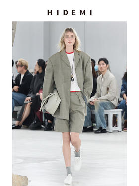 HIDEMI羊毛经典简约翻领色织格纹西装/压褶中裤