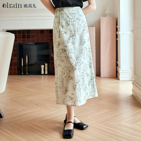 OLrain欧芮儿新中式印花半身裙女夏季2024年新款国风盘扣A字半裙