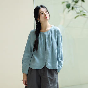 绽放244朵/高端酵素水洗亚麻圆弧形灯笼长袖黄色休闲防晒衬衫