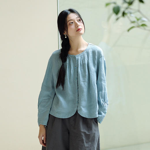 绽放244朵/高端酵素水洗亚麻圆弧形灯笼长袖黄色休闲防晒衬衫 商品图0