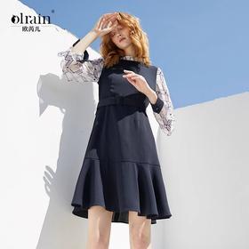 欧芮儿2019春装新款预售格子拼接雪纺连衣裙收腰显瘦荷叶边女裙子