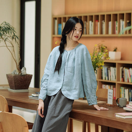 绽放244朵/高端酵素水洗亚麻圆弧形灯笼长袖黄色休闲防晒衬衫 商品图3