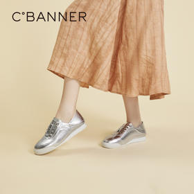 千百度时尚休闲鞋女春季运动鞋懒人一脚蹬两穿真皮平底鞋A24169001