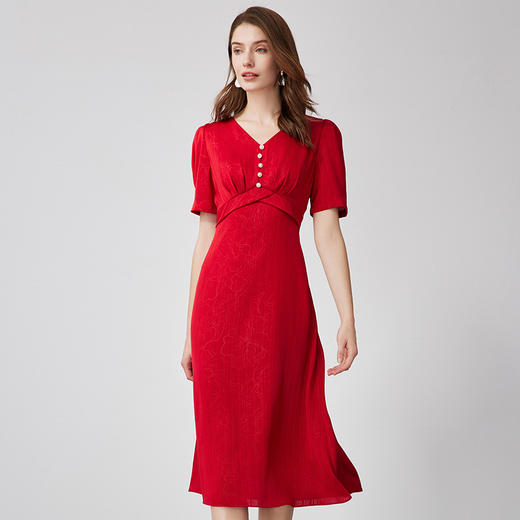 EITIE爱特爱夏季新款气质V领蝴蝶结镂空收腰显瘦连衣裙B2407356 商品图2