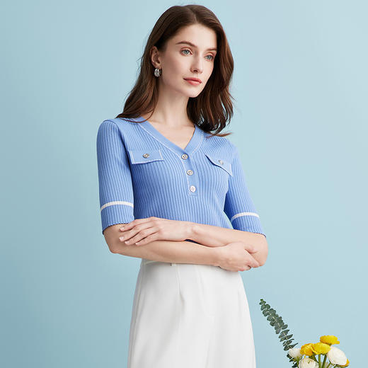 EITIE爱特爱夏季新款时尚气质通勤撞色针织T恤上衣B2401310 商品图5