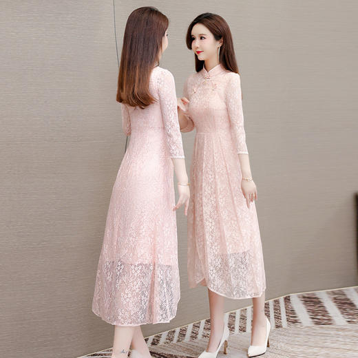 QYM-9605改良旗袍裙中国风中袖气质蕾丝裙夏季网纱裙 商品图2