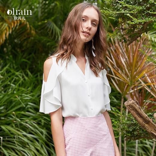 OLrain法式高级穿搭白色雪纺衬衫女夏季2022年新款荷叶边露肩衬衣 商品图0
