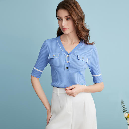 EITIE爱特爱夏季新款时尚气质通勤撞色针织T恤上衣B2401310 商品图1