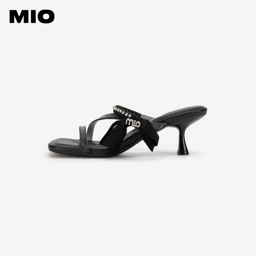 MIO米奥夏季方头时尚拖鞋简约一字带时髦闪钻高跟一字拖女M243141307 商品图1