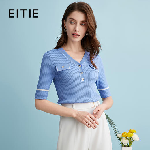 EITIE爱特爱夏季新款时尚气质通勤撞色针织T恤上衣B2401310 商品图0