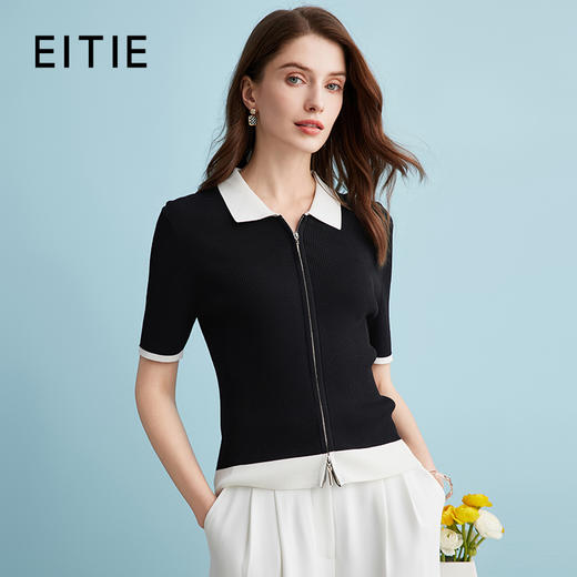 EITIE爱特爱夏季新款时尚气质通勤撞色翻领针织上衣B2401304 商品图0