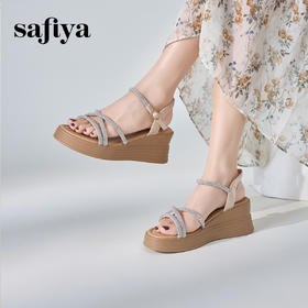 Safiya/索菲娅2024 夏季仙女风水钻一字带松糕厚底坡跟凉鞋 SF42115404