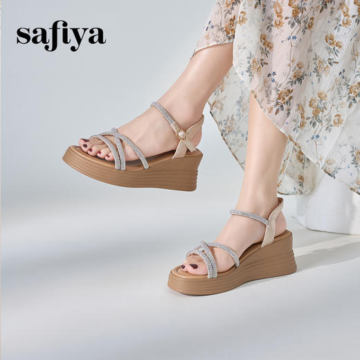 Safiya/索菲娅2024 夏季仙女风水钻一字带松糕厚底坡跟凉鞋 SF42115404 商品图0