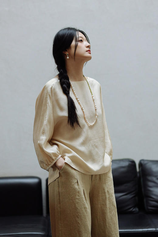 绽放198朵/真丝桑蚕丝19姆米柞蚕丝提花脏染米杏色休闲衬衫 商品图5