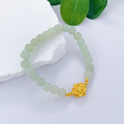 【限时7.5折】【定价黄金】足金 #小红书 3D硬金莲花金珠间天然和田玉（约7mm）成品手串(AL3DSC00010)（预售产品下单后不退款不退货不换货不补差价） 商品图2