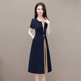 QYM-2416夏季短袖连衣裙2024年新款圆领拼色中长款时尚A字裙