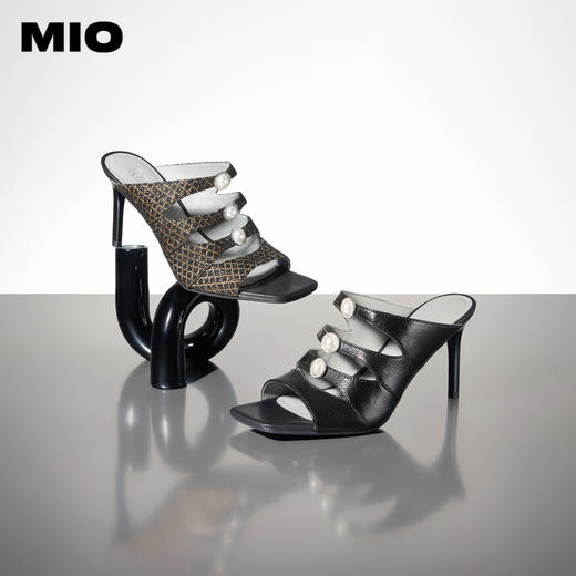 MIO米奥夏季方头细高跟时装凉鞋珍珠饰扣优雅时髦凉拖女鞋M243141205 商品图0